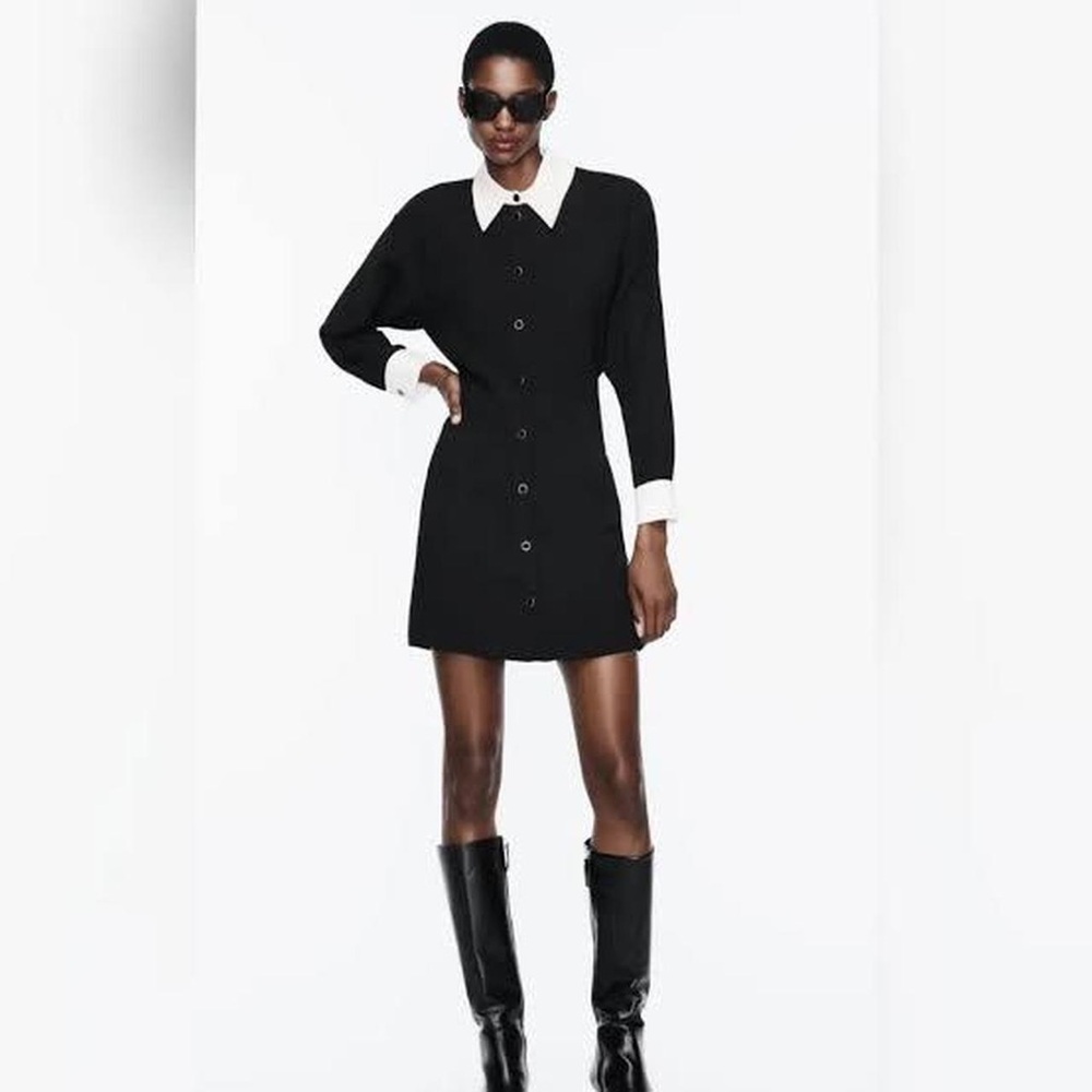 Zara Black and White Sheath Dress with Long Cuffed Sleeves